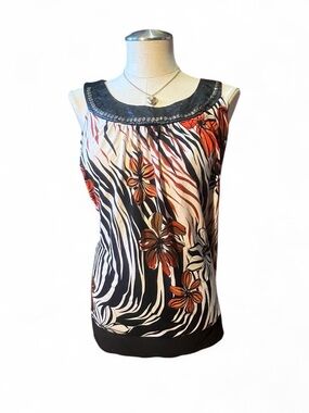 Covington Black, White & Orange Floral Zebra-Print Tank